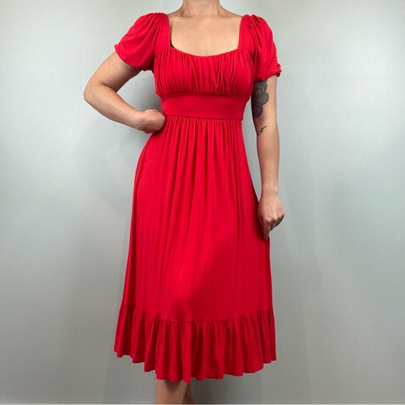 Anthropologie Red Knit Milkmaid Romantic Cottagecore Midi ruffle trim Dress XS - Picture 1 of 8